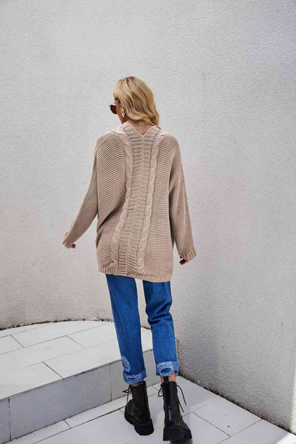 Woven Right Cable-Knit Curved Hem Open Front Cardigan