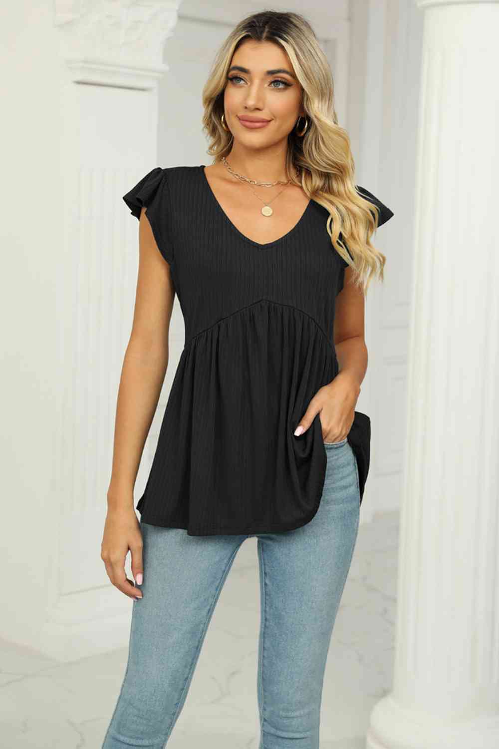 V-Neck Flutter Sleeve Babydoll Blouse - Create the impossible