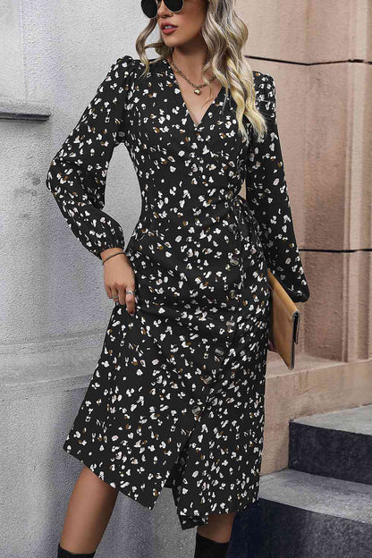 Printed Surplice Neck Long Sleeve Dress - Create the impossible