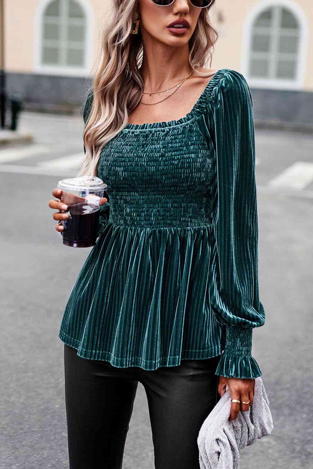 Smocked Square Neck Long Sleeve Blouse - Create the impossible