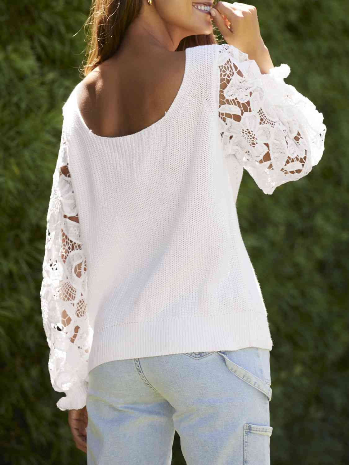 Ribbed Lace Trim Flounce Sleeve Knit Top - Create the impossible