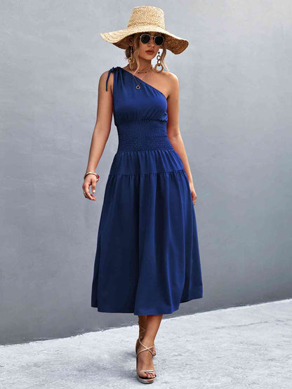 Asymmetrical One Shoulder Smocked Waist Midi Dress