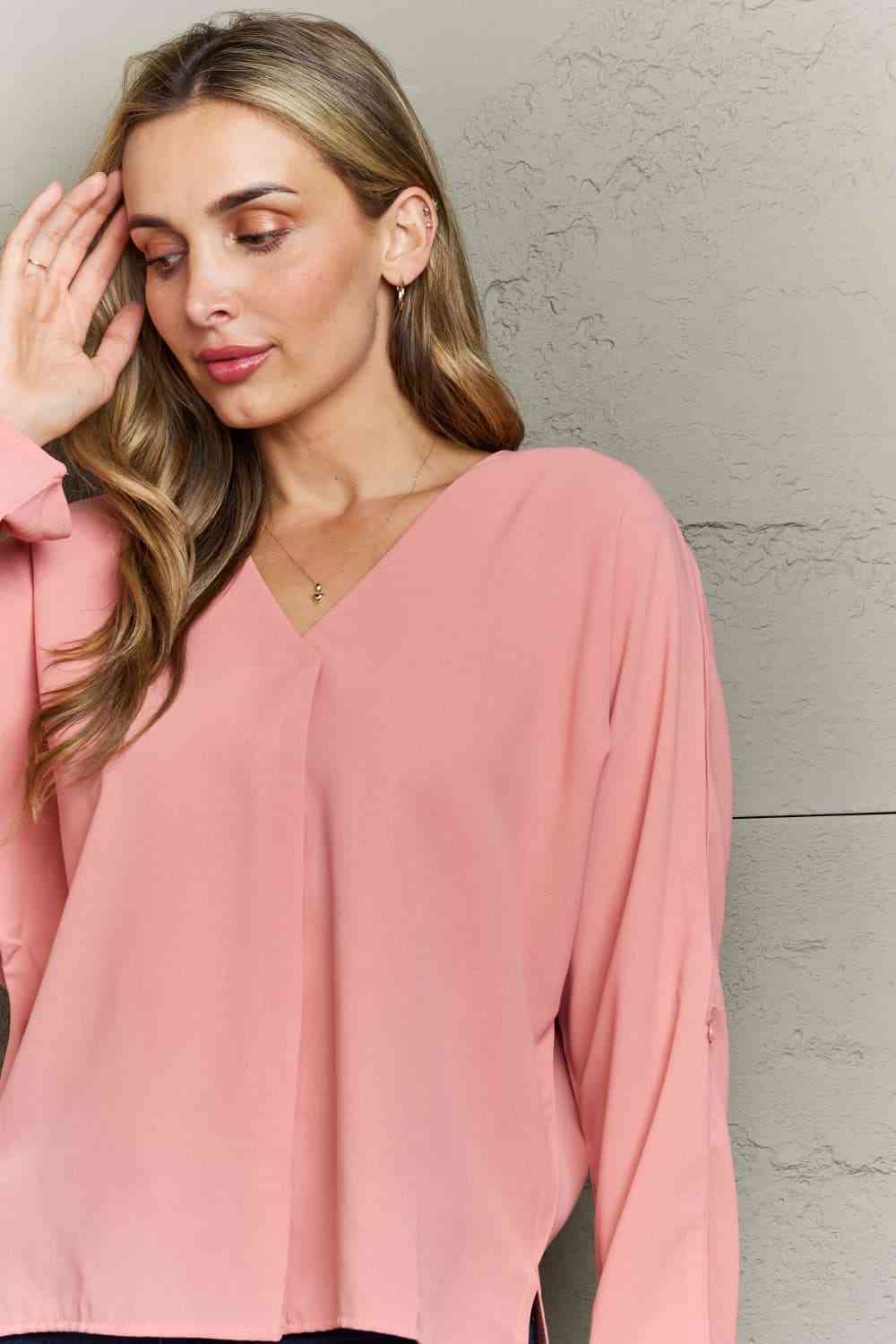 Roll-Tab Sleeve V-Neck Blouse - Create the impossible