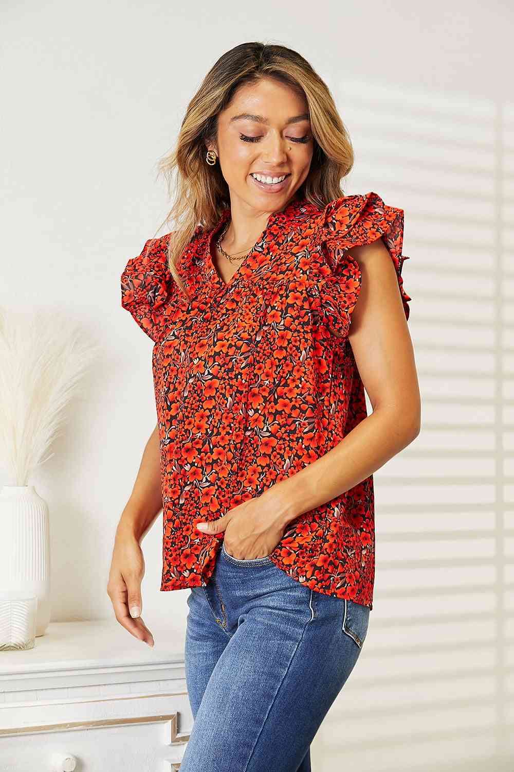 Double Take Floral Flutter Sleeve Notched Neck Blouse - Create the impossible