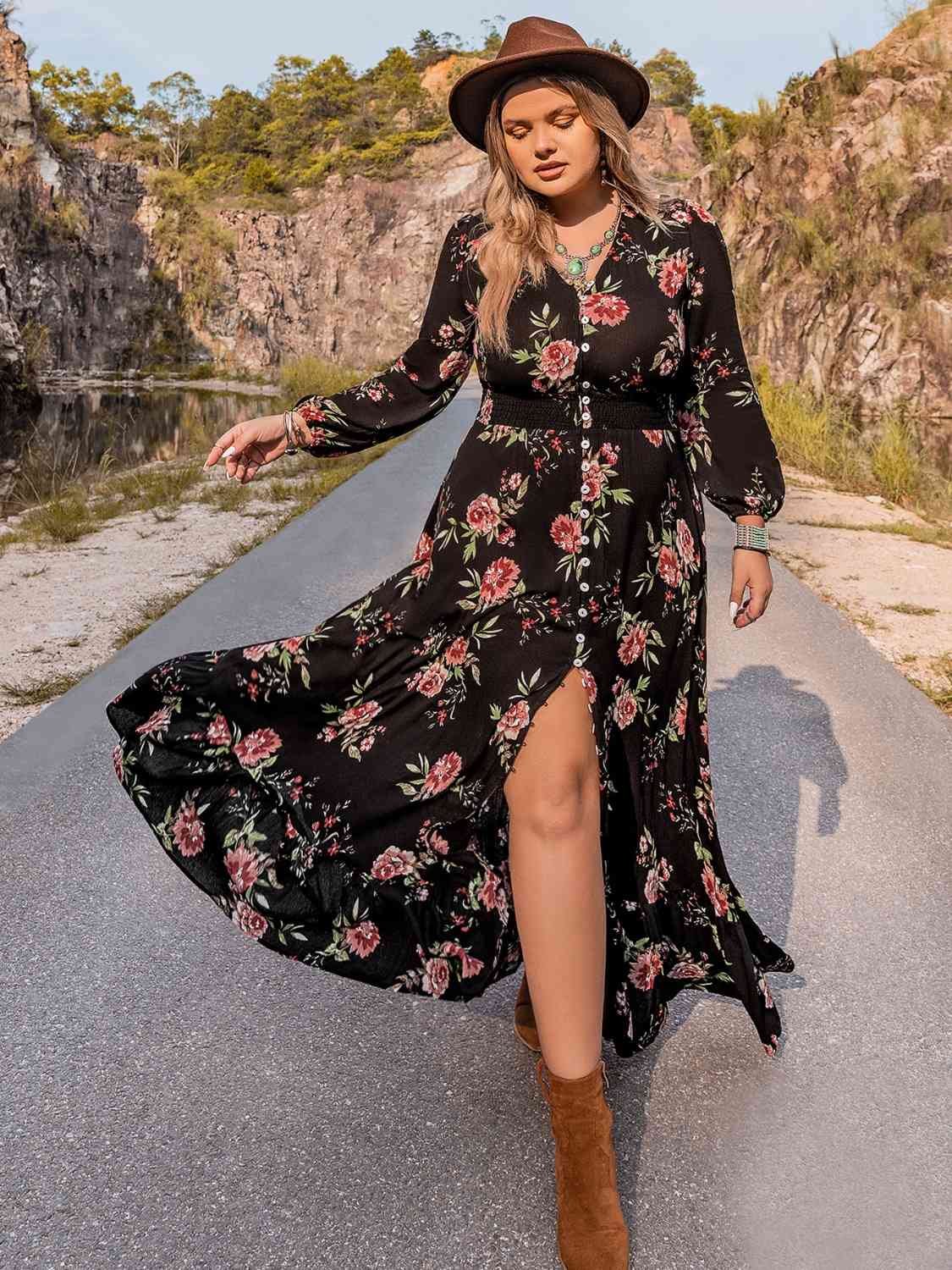 Plus Size V-Neck Front Slit Dress