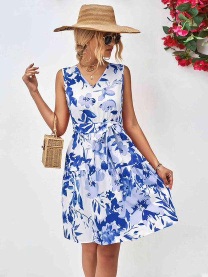 Floral V-Neck Tie Waist Sleeveless Dress