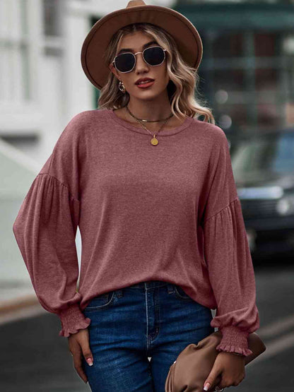 Round Neck Dropped Shoulder Flounce Sleeve T-Shirt