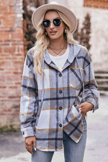 Plaid Dropped Shoulder Hooded Jacket