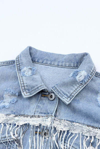 Sequin Fringe Trim Distressed Button Up Denim Jacket