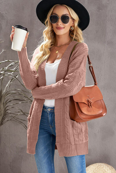 Cable-Knit Open Front Dropped Shoulder Cardigan