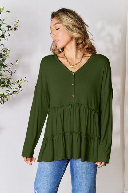 Double Take Half Button Long Sleeve Ruffle Hem Blouse - Create the impossible