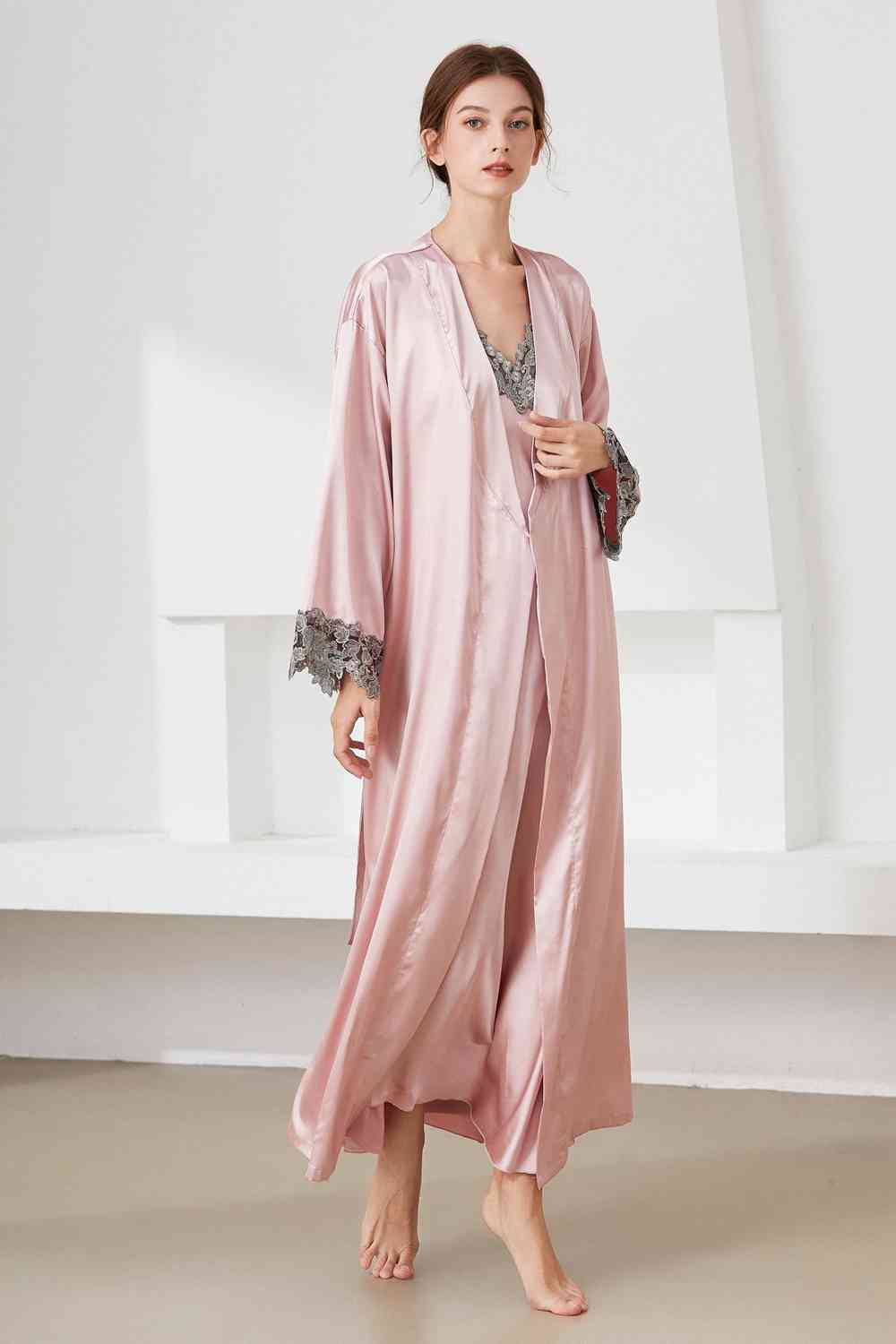 Contrast Lace Trim Satin Night Dress and Robe Set