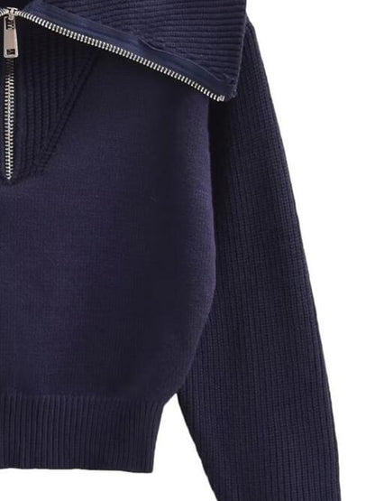 Half Zip Ribbed Collared Neck Knit Top