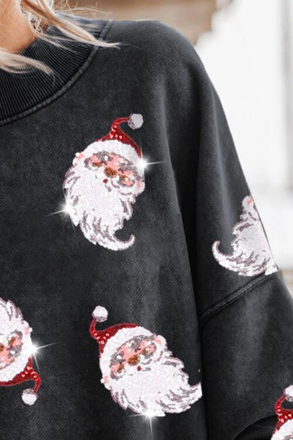 Sequin Santa Round Neck Drop Shoulder Sweatshirt - Create the impossible