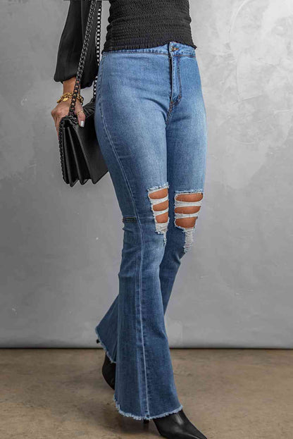 Baeful Distressed Raw Hem High-Waist Flare Jeans