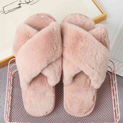 Faux Fur Crisscross Strap Slippers