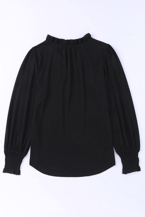 Frill Notched Neck Smocked Designed Long Sleeve Blouse - Create the impossible