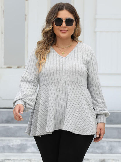 Plus Size Ribbed V-Neck Long Sleeve Blouse - Create the impossible