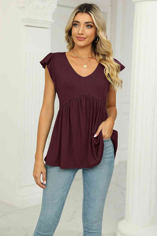 V-Neck Flutter Sleeve Babydoll Blouse - Create the impossible