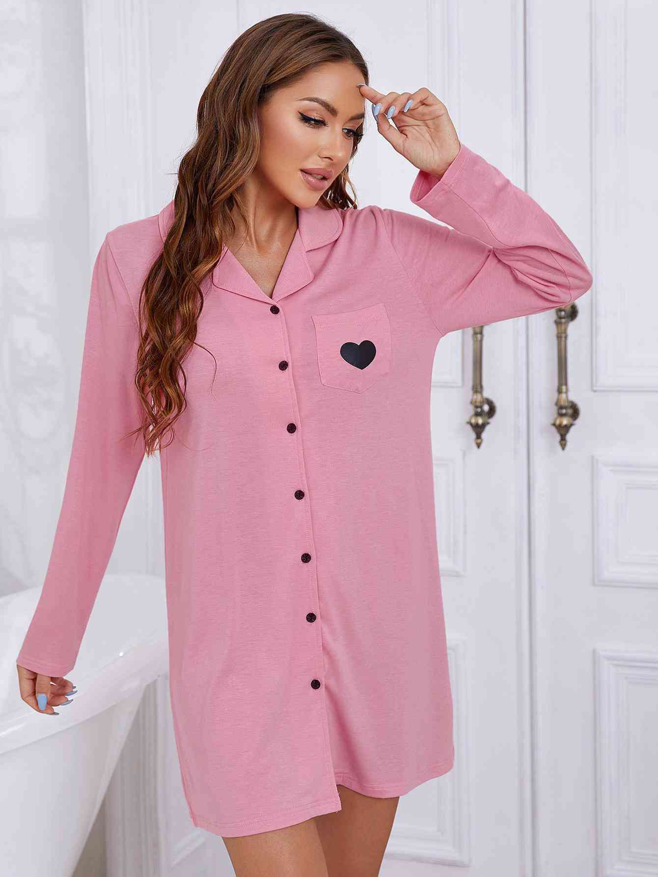 Heart Graphic Lapel Collar Long Sleeve Night Dress