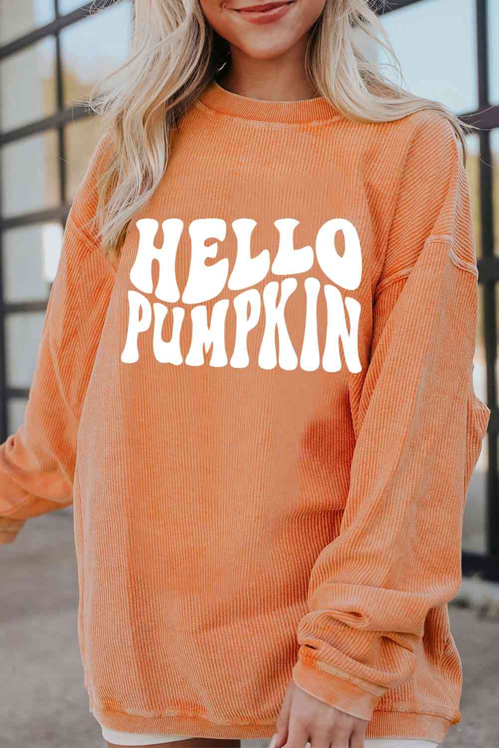 Round Neck Dropped Shoulder HELLO PUMPKIN Graphic Sweatshirt - Create the impossible