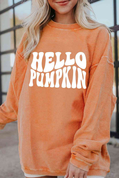 Round Neck Dropped Shoulder HELLO PUMPKIN Graphic Sweatshirt - Create the impossible
