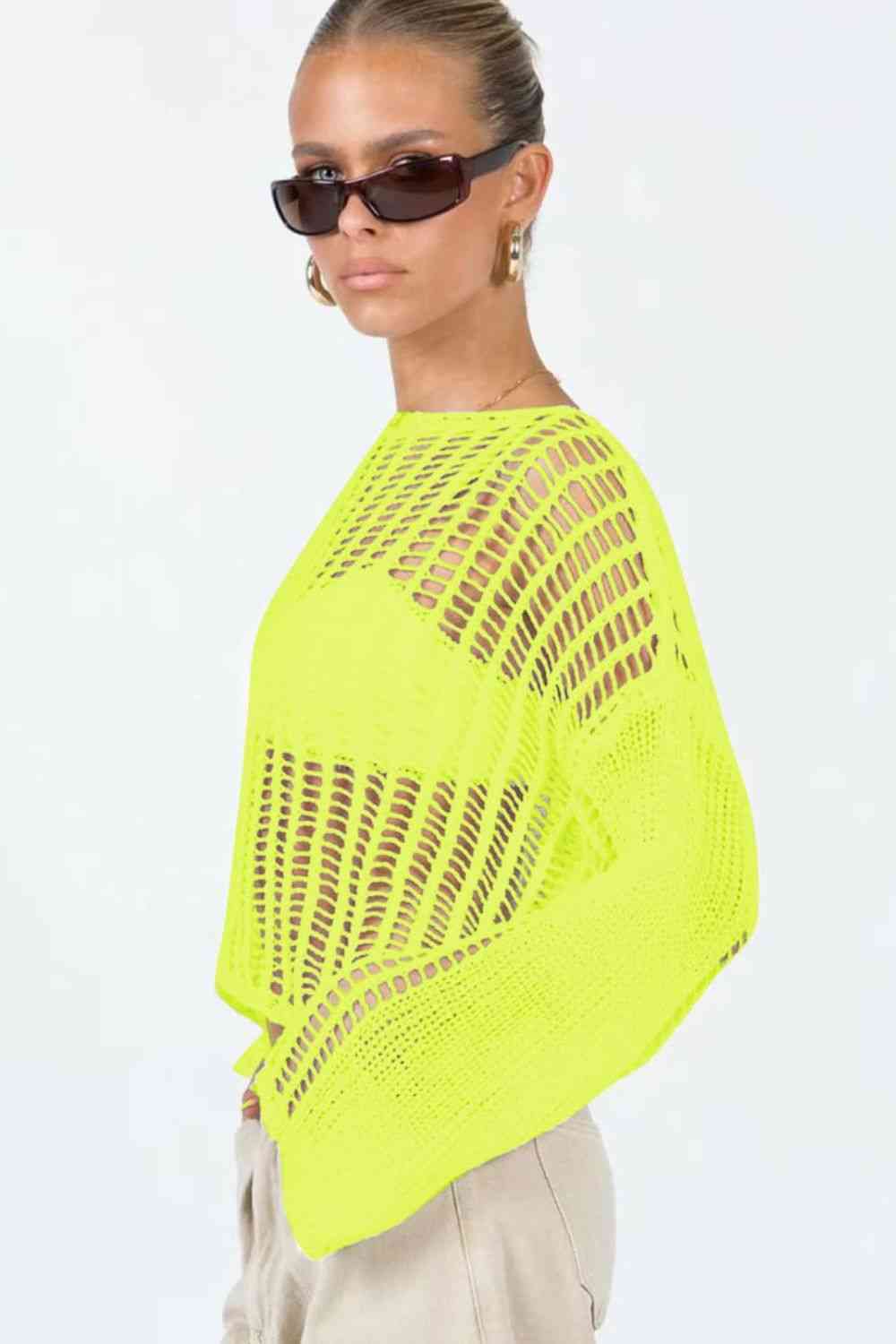 Openwork Boat Neck Long Sleeve Cover Up