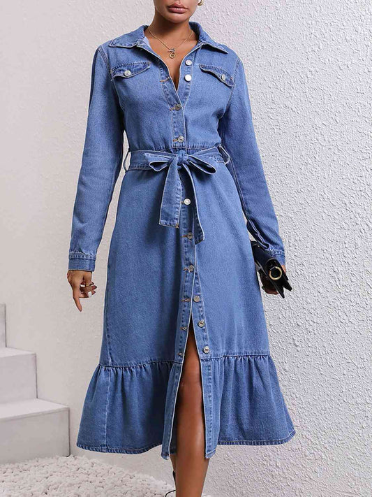 Collared Neck Button Down Denim Dress