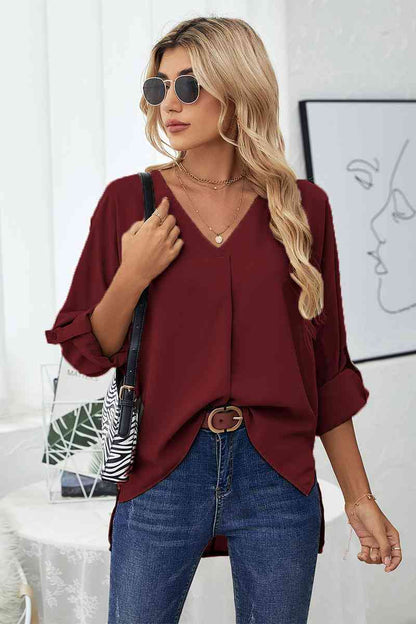 Roll-Tab Sleeve V-Neck Blouse - Create the impossible