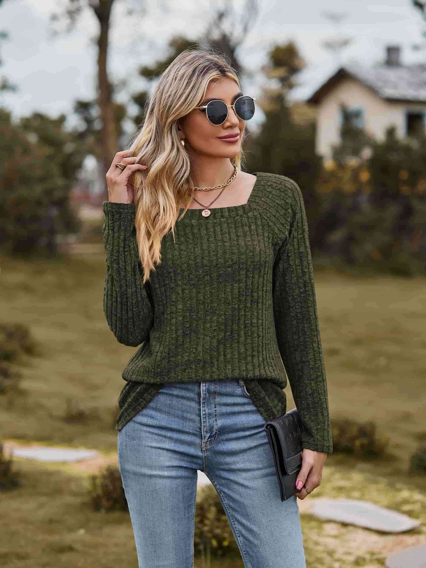 Ribbed Square Neck Long Sleeve Tee