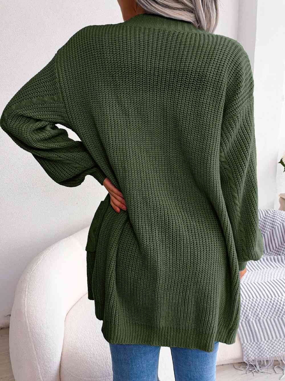 Cable-Knit Open Front Pocketed Cardigan