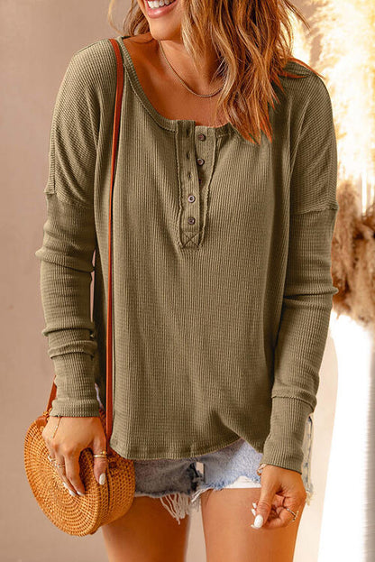 Waffle Knit Henley Long Sleeve Top - Create the impossible