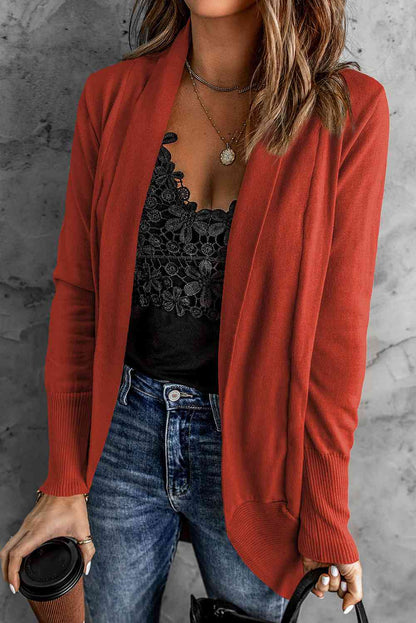 Double Take Long Sleeve Ribbed Hem Open Front Longline Cardigan