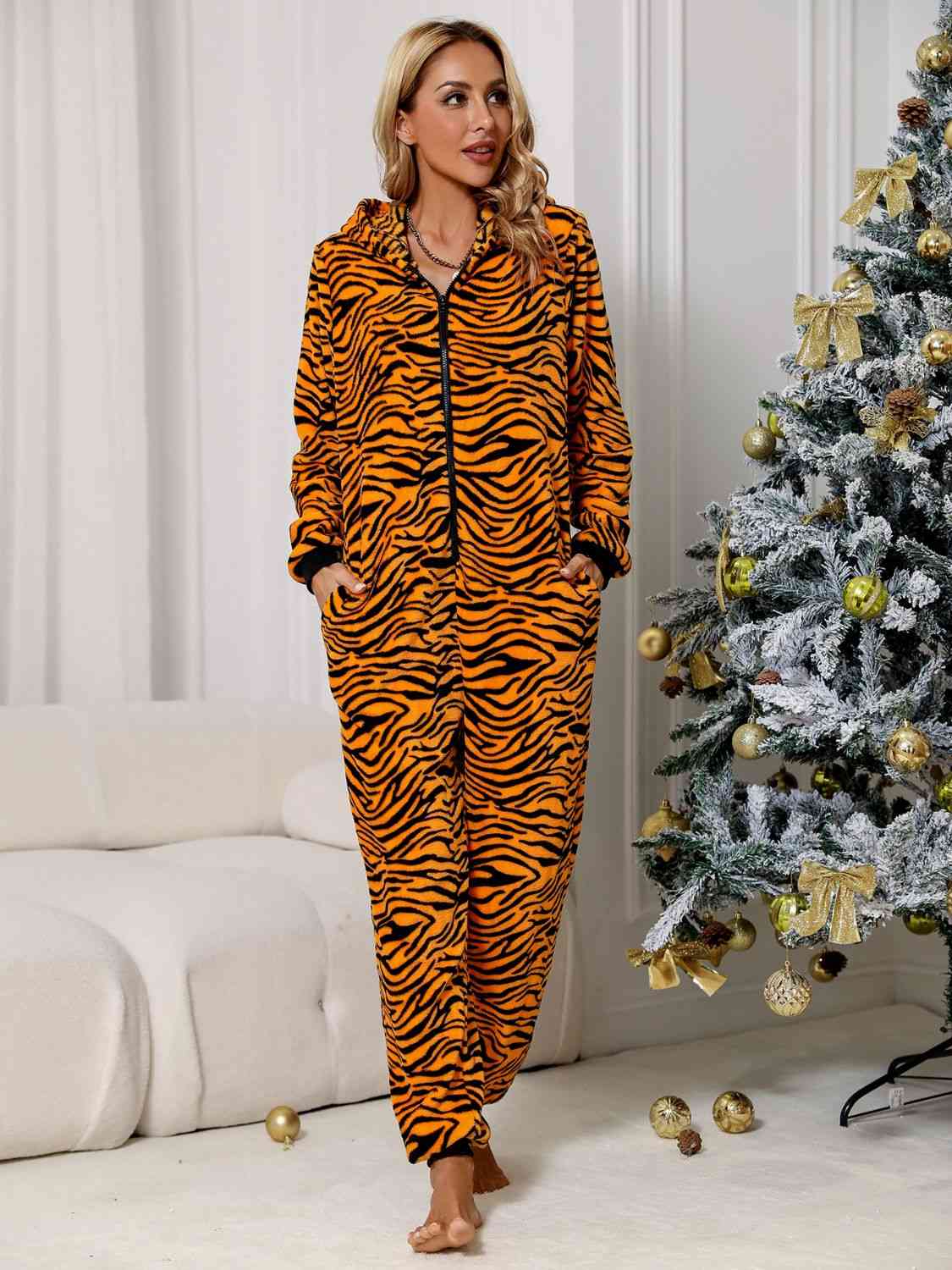 Animal Print  Zip Front Lounge Jumpsuit with Pockets