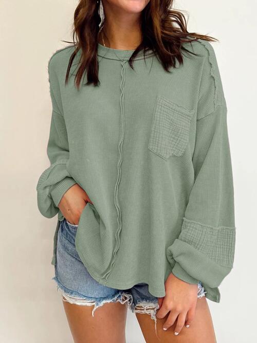 Waffle-Knit Exposed Seam Lantern Sleeve Blouse - Create the impossible