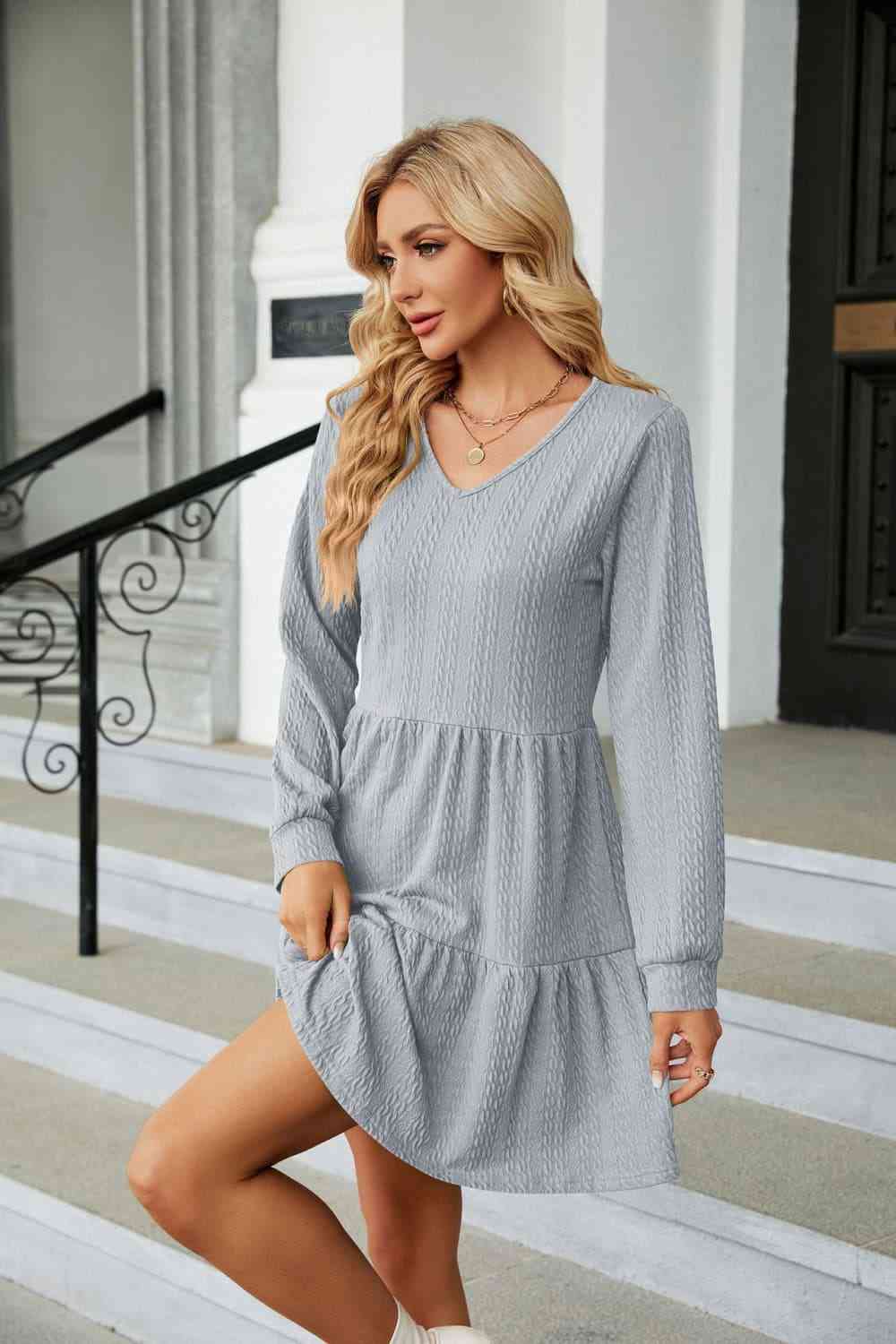 V-Neck Long Sleeve Mini Dress