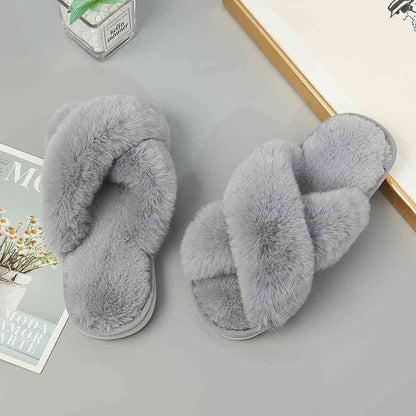 Faux Fur Crisscross Strap Slippers