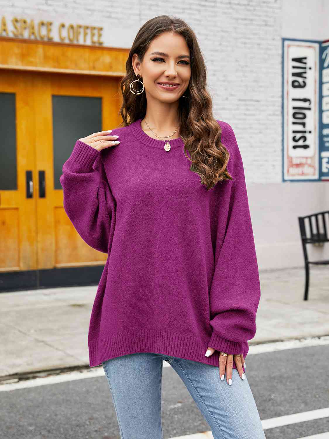 Round Neck Ribbed Trim Sweater