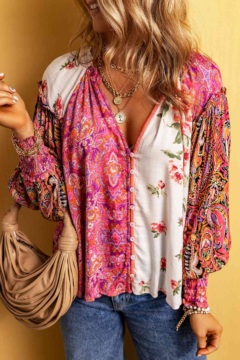 Multicolor Floral Notched Neck Lantern Sleeve Blouse - Create the impossible