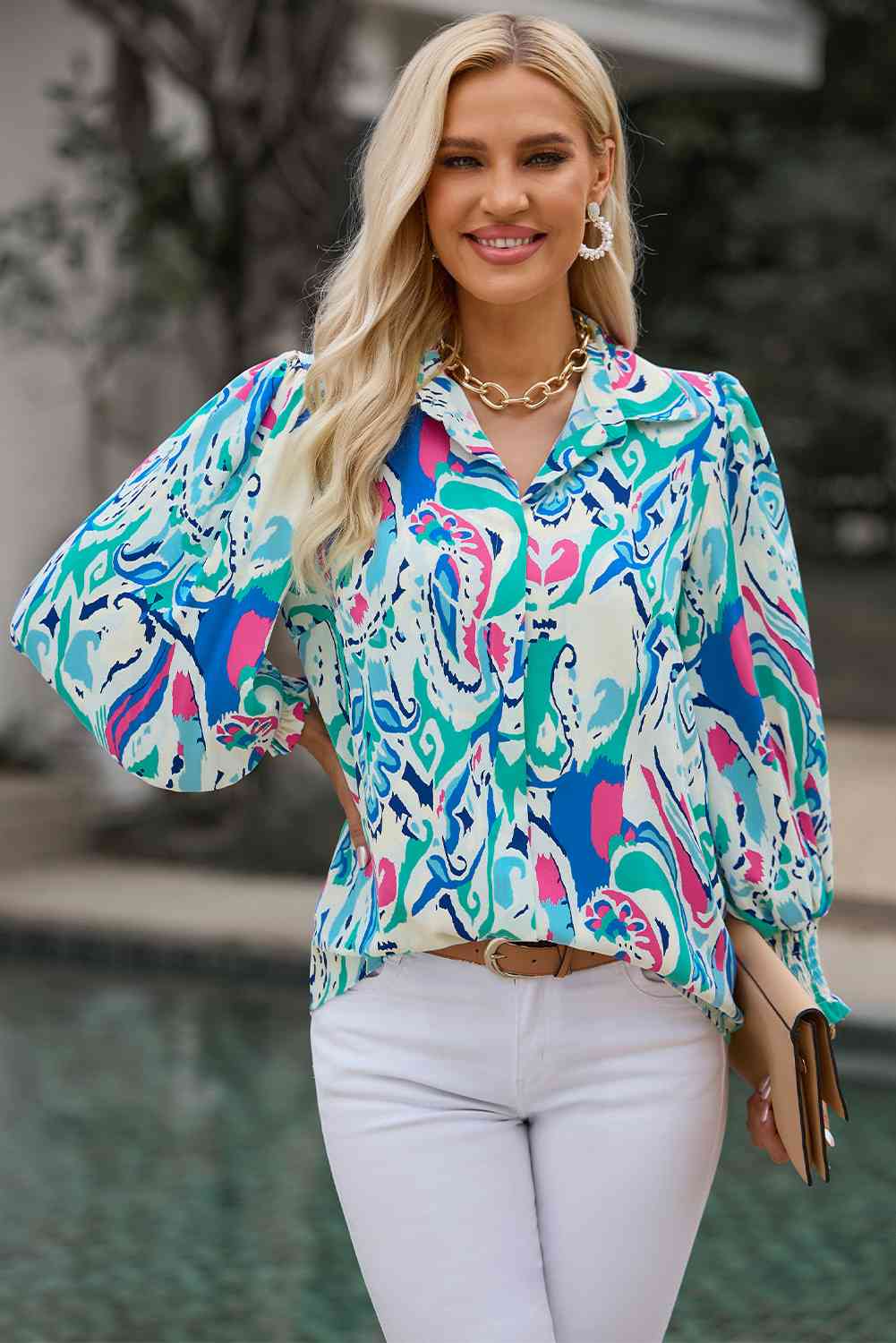 Printed Puff Sleeve Collared Blouse