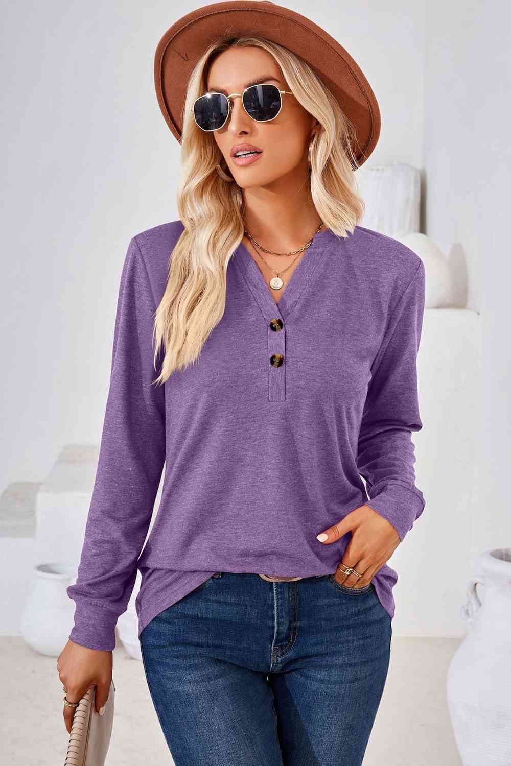 V-Neck Buttoned Long Sleeve Blouse