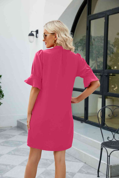 Notched Neck Flounce Sleeve Mini Dress