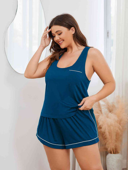 Plus Size Contrast Piping Racerback Tank and Shorts Lounge Set