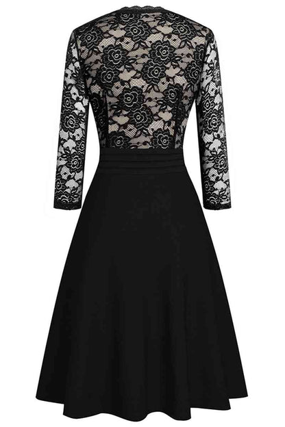 V-Neck Lace Detail Knee-Length Dress