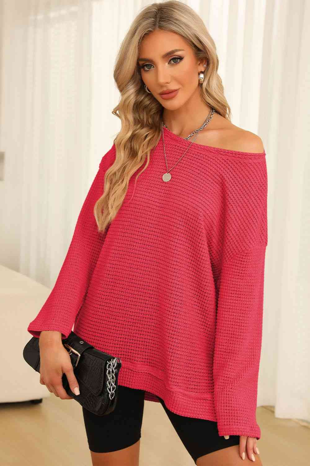 Waffle-Knit Round Neck Long Sleeve Sweatshirt - Create the impossible