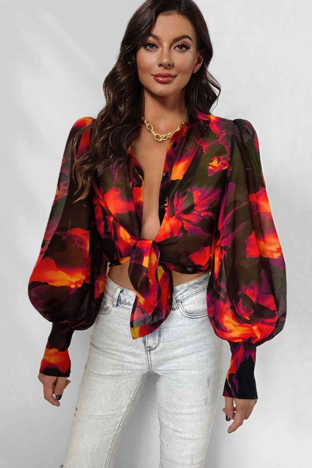 Double Take Flower Print Collared Neck Lantern Sleeve Shirt