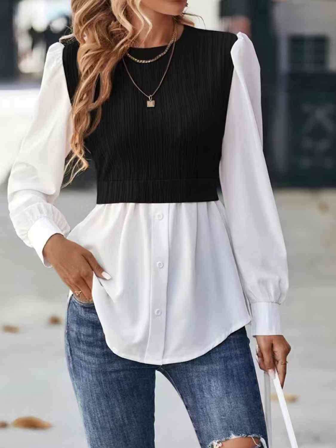 Contrast Round Neck Puff Sleeve Blouse - Create the impossible