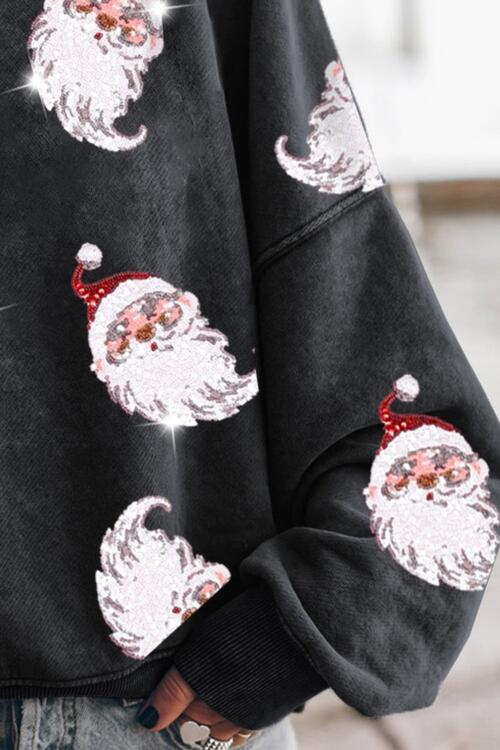 Sequin Santa Round Neck Drop Shoulder Sweatshirt - Create the impossible