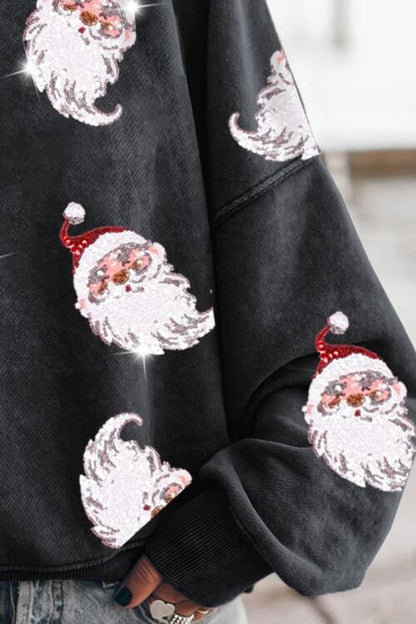 Sequin Santa Round Neck Drop Shoulder Sweatshirt - Create the impossible