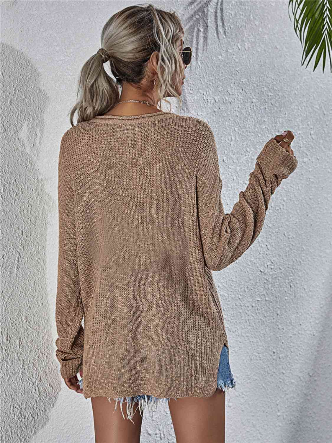 Notched Neck Slit Knit Top